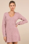 Lulus Snuggly Chic Mauve Cable Knit Long Sleeve Sweater Mini Dress In Mauve