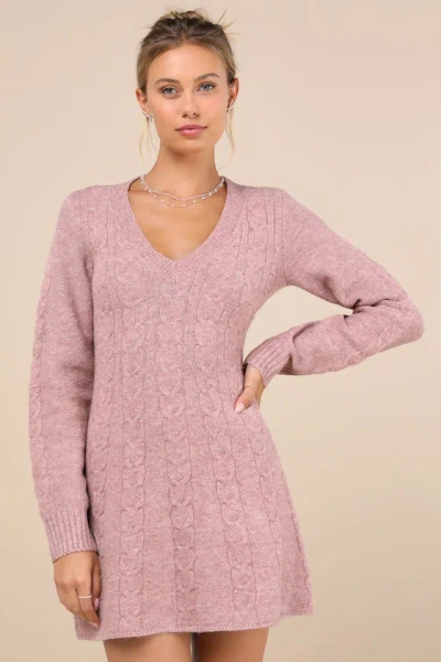 Lulus Snuggly Chic Mauve Cable Knit Long Sleeve Sweater Mini Dress