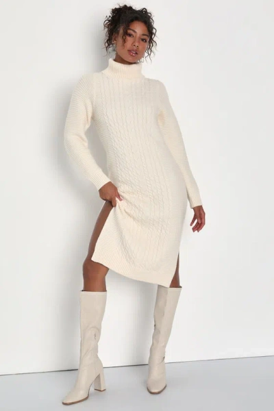 Lulus Snuggly Forecast Cream Cable Knit Turtleneck Sweater Midi Dress In White