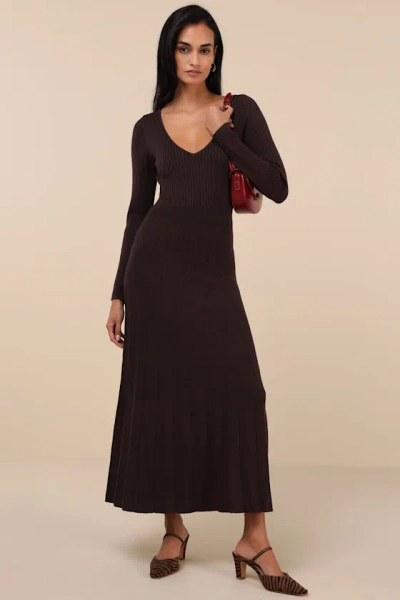 Lulus Snuggly Precision Brown Pleated Sweater Midi Dress