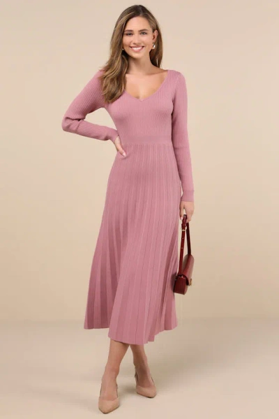 Lulus Snuggly Precision Mauve Pink Pleated Sweater Midi Dress