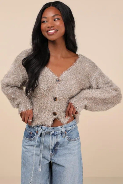 Lulus Snuggly Sparkle Taupe And Silver Eyelash Knit Cardigan