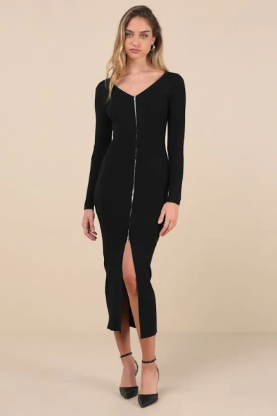 Lulus Snuggly Sweetness Black Ribbed Zip-front Sweater Midi Dress