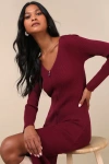 Lulus Snuggly Sweetness Plum Ribbed Zip-front Sweater Midi Dress In Purple