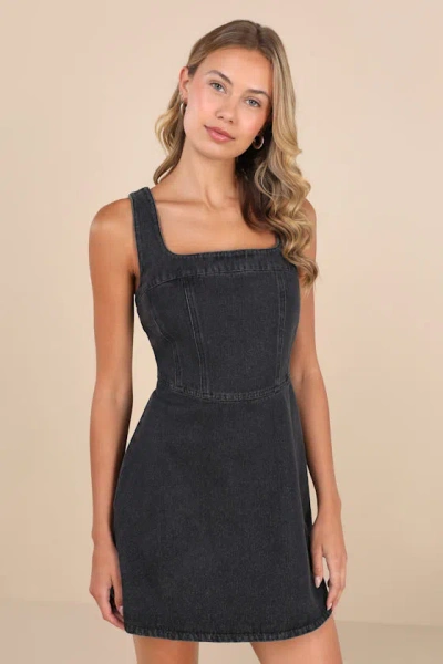 Lulus So Delighted Washed Black Denim Corset Seam Mini Dress