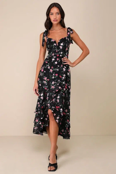 Lulus So Elevated Black Floral Jacquard Tie-strap High-low Midi Dress