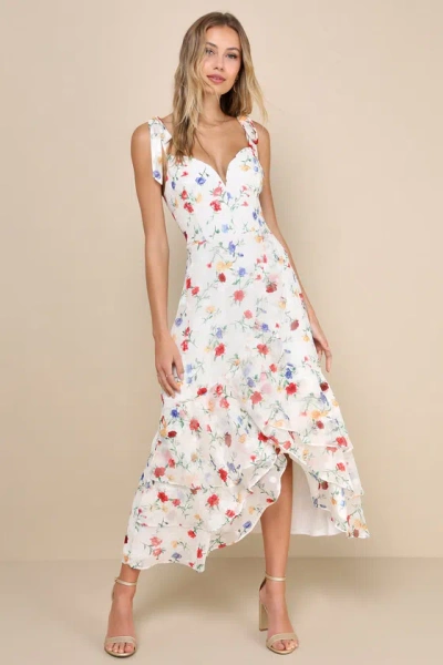 Lulus So Elevated Ivory Floral Jacquard Tie-strap High-low Midi Dress