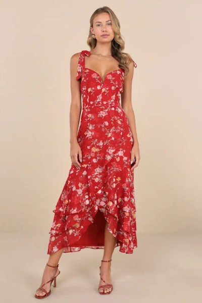 Lulus So Elevated Red Floral Jacquard Tie-strap High-low Midi Dress