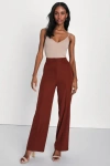 Lulus So Get This Rust Brown High-waisted Wide-leg Trouser Pants In Rust Brown