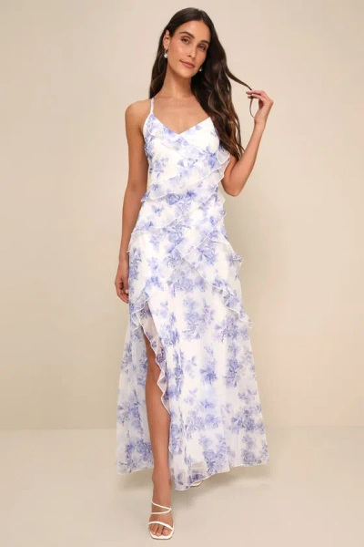 Lulus So Gorgeous White And Blue Floral Ruffled Lace-up Maxi Dress