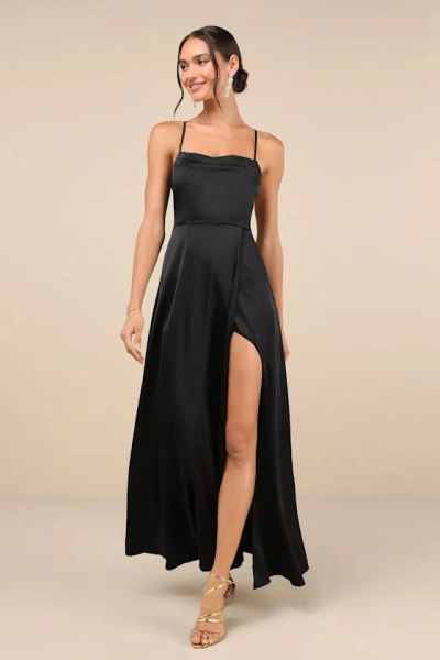 Lulus So Loving Black Satin Pleated Lace-up Backless Maxi Dress