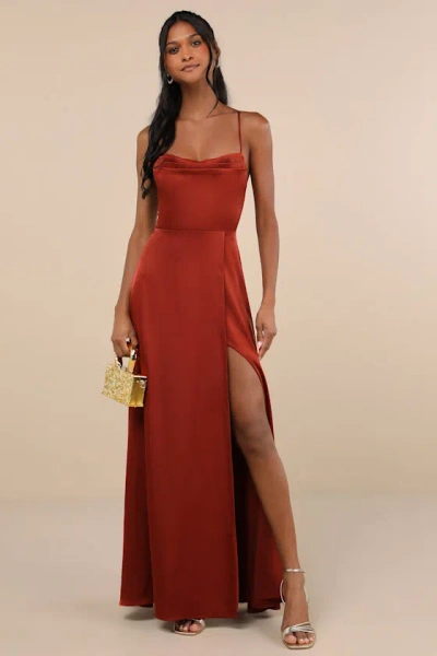 Lulus So Loving Rust Orange Satin Pleated Lace-up Backless Maxi Dress