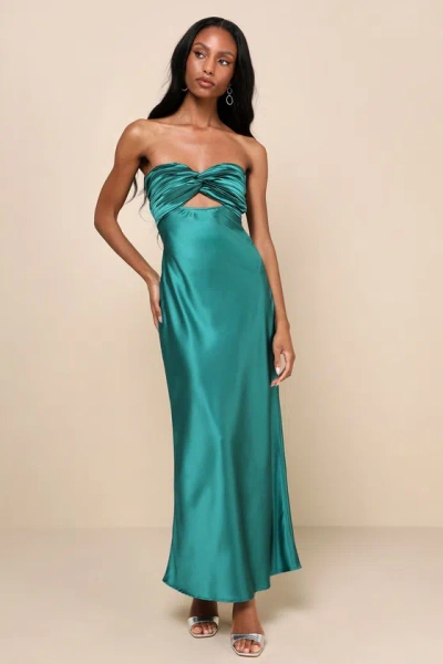 Lulus So Rare Emerald Green Satin Strapless Twist-front Midi Dress