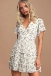 Lulus So True White Floral Print Tiered Short Sleeve Mini Dress In White