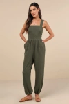 Lulus Social Calendar Olive Green Crinkled Ribbed Knit Jogger Jumpsuit In Olive Green