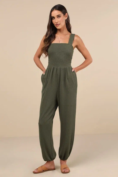 Lulus Social Calendar Olive Green Crinkled Ribbed Knit Jogger Jumpsuit