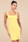 Lulus Social Sensation Light Yellow Square Neck Mini Bodycon Dress In Light Yellow