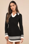 Lulus Soft Serenity Black And Ivory Collared Sweater Mini Dress In Black And Ivory