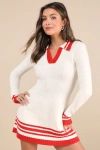 Lulus Soft Serenity Heather Ivory And Red Collared Sweater Mini Dress In Ivory