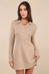 Lulus Soft Serenity Heather Taupe Collared Sweater Mini Dress In Taupe