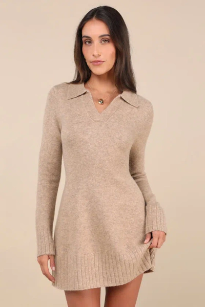 Lulus Soft Serenity Heather Taupe Collared Sweater Mini Dress