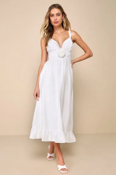 Lulus Soiree Beauty White Pleated Rosette Tiered Lace-up Midi Dress