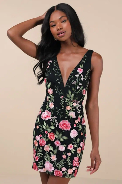 Lulus Soiree Blossom Black Floral Embroidered Bodycon Mini Dress