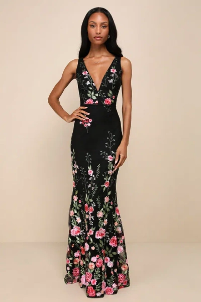 Lulus Soiree Blossom Black Floral Embroidered Mermaid Maxi Dress