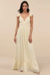 Lulus Soiree Celebration Light Yellow Ruffled Lace-up Maxi Dress In Light Yellow