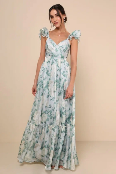 Lulus Soiree Perfection Light Blue Floral Ruffled Tiered Maxi Dress