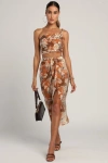 Lulus Something Wild Brown Multi Print Twist-front Midi Skirt In Brown
