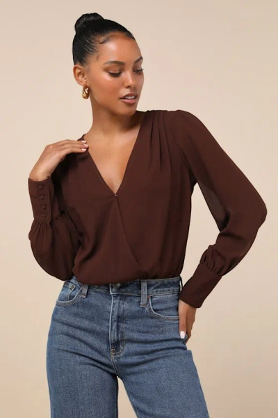 Lulus Sophisticated Aspect Brown Chiffon Surplice Long Sleeve Bodysuit