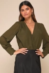 Lulus Sophisticated Aspect Olive Chiffon Surplice Long Sleeve Bodysuit In Green