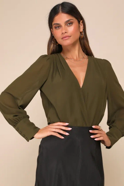 Lulus Sophisticated Aspect Olive Chiffon Surplice Long Sleeve Bodysuit In Green