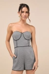 Lulus Sophisticated Attitude Grey Houndstooth Strapless Bustier Romper In Grey