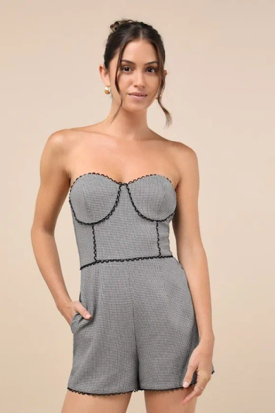 Lulus Sophisticated Attitude Grey Houndstooth Strapless Bustier Romper