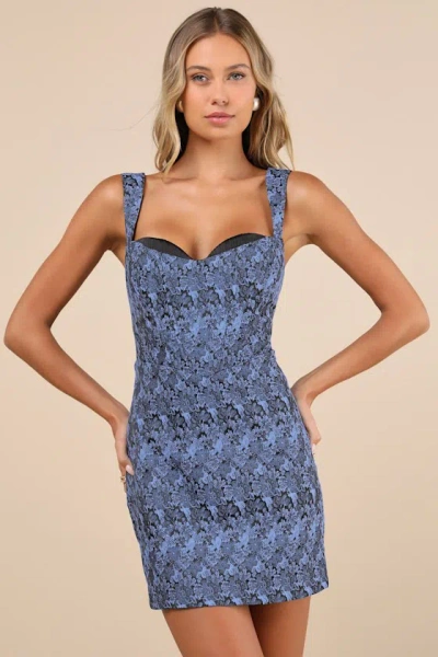 Lulus Sophisticated Celebration Dark Blue Jacquard Floral Mini Dress