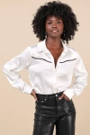 Lulus Sophisticated Charmer White Satin Long Sleeve Button-up Top In White