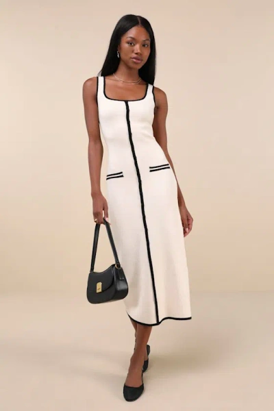 Lulus Sophisticated Composure Cream Knit Button-front Midi Dress In White