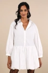 Lulus Sophisticated Delight White Collared Bubble Hem Mini Dress In White