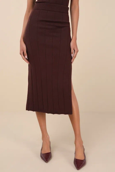 Lulus Sophisticated Duo Brown Ribbed Midi Sweater Skirt
