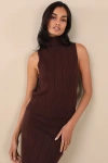 Lulus Sophisticated Duo Brown Sleeveless Turtleneck Sweater Top In Brown