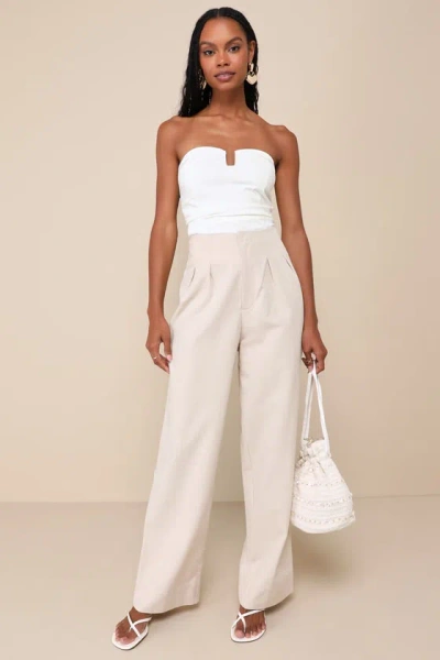 Lulus Sophisticated Feel Beige Pleated High-rise Wide Leg Pants
