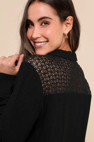 Lulus Sophisticated Flair Black Crochet Button-up Top