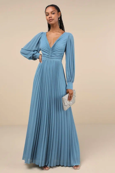 Lulus Sophisticated Grace Slate Blue Pleated Long Sleeve Maxi Dress