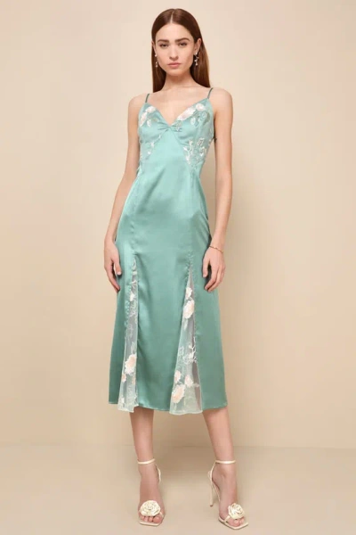 Lulus Sophisticated Guest Green Satin Embroidered Floral Midi Dress