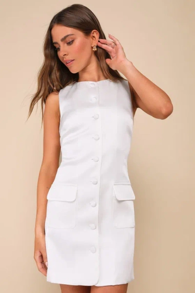 Lulus Sophisticated Icon White Satin Button-up Mini Dress With Pockets