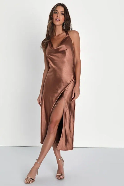 Lulus Sophisticated Impression Brown Satin Backless Cowl Midi Dress