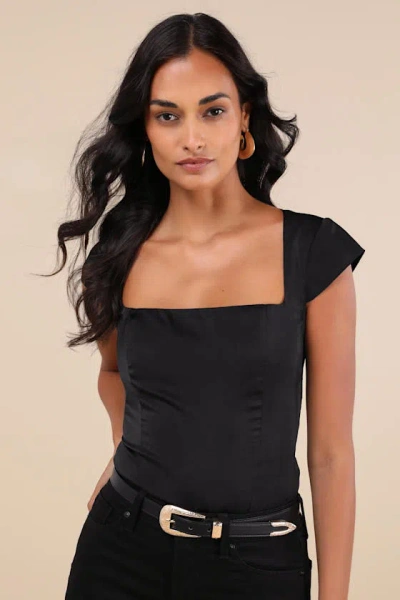 Lulus Sophisticated Intention Black Satin Cutout Cap Sleeve Bodysuit