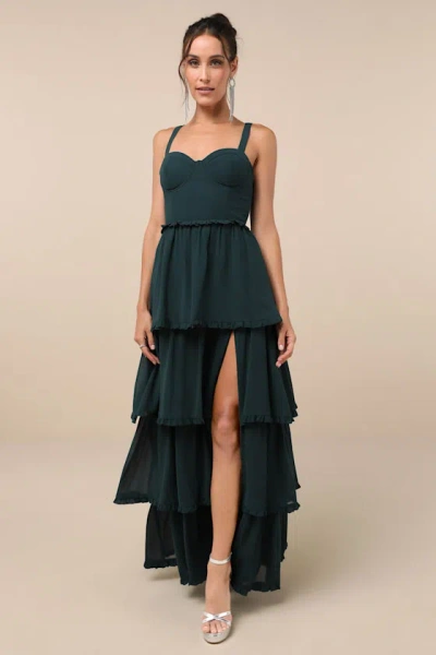 Lulus Sophisticated Occasion Emerald Green Bustier Lace-up Maxi Dress